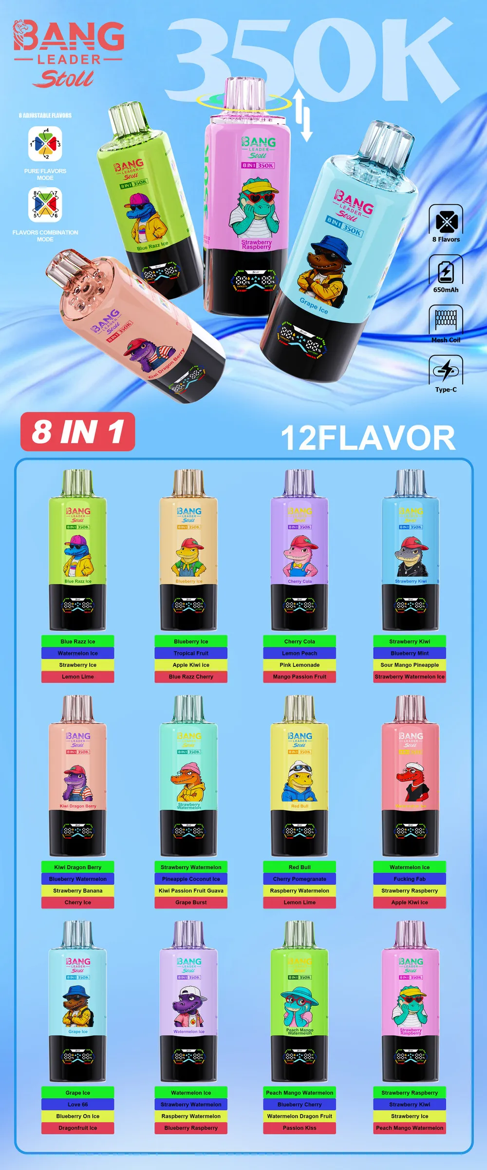 Bang Leader Stoll 350K 8in1フレーバー使い捨てVAPE
